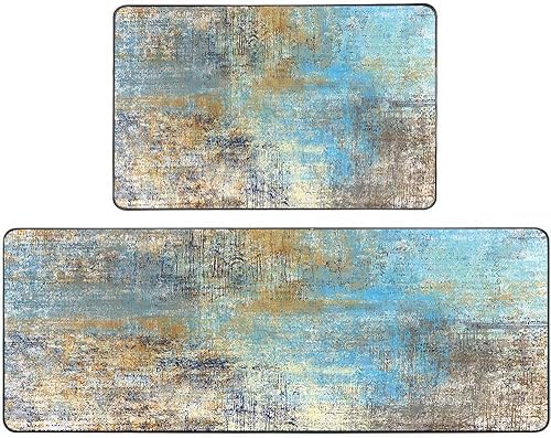 Vista 53 de TOMWISH - Tapetes de cocina para piso, color turquesa, gris, abstracto, pintura artística, 17 x 48 + 17 x 24 pulgadas, juego de alfombras de cocina