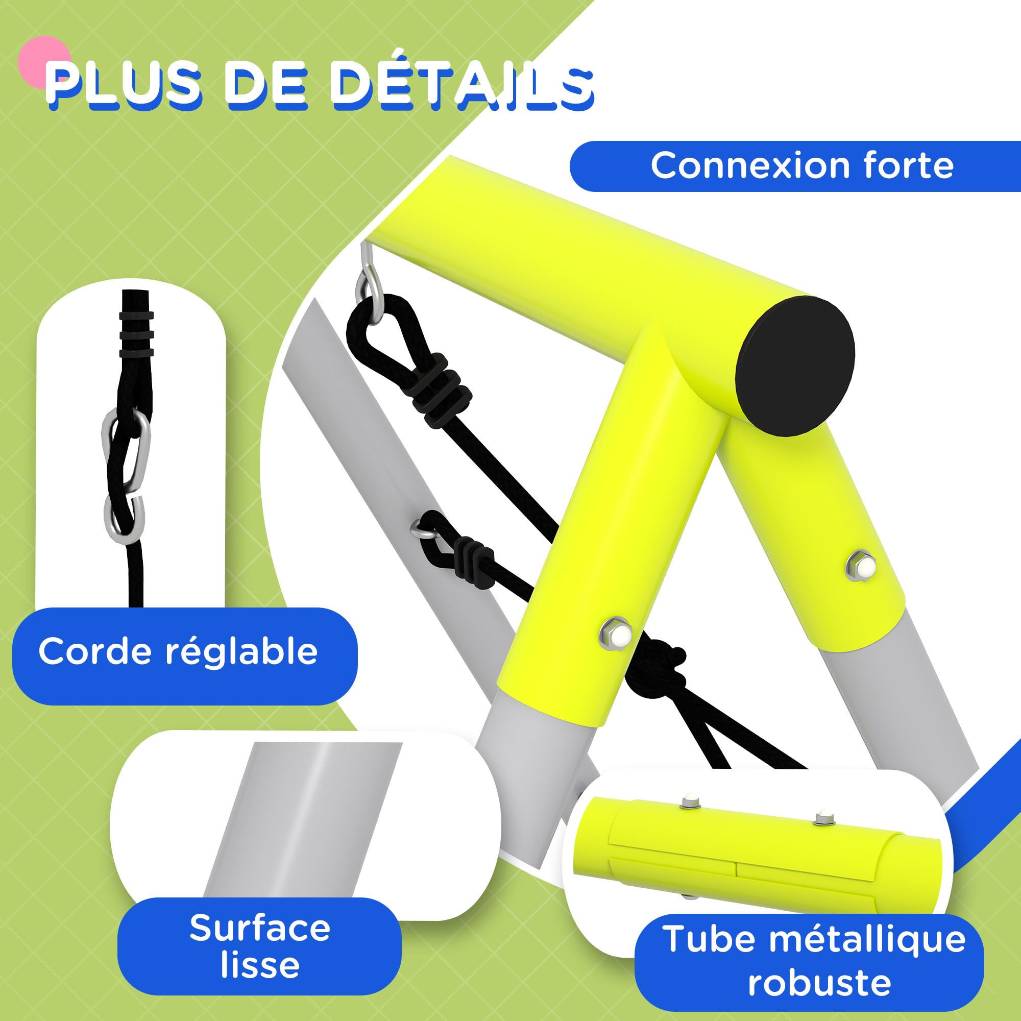 Outsunny Balançoire Portique pour Enfant 4 en 1, 2 Sièges, 180 kg, Vert | Échelle Grimpeuse, Filet d'Escalade, Structure Métallique, Balançoire de Jardin