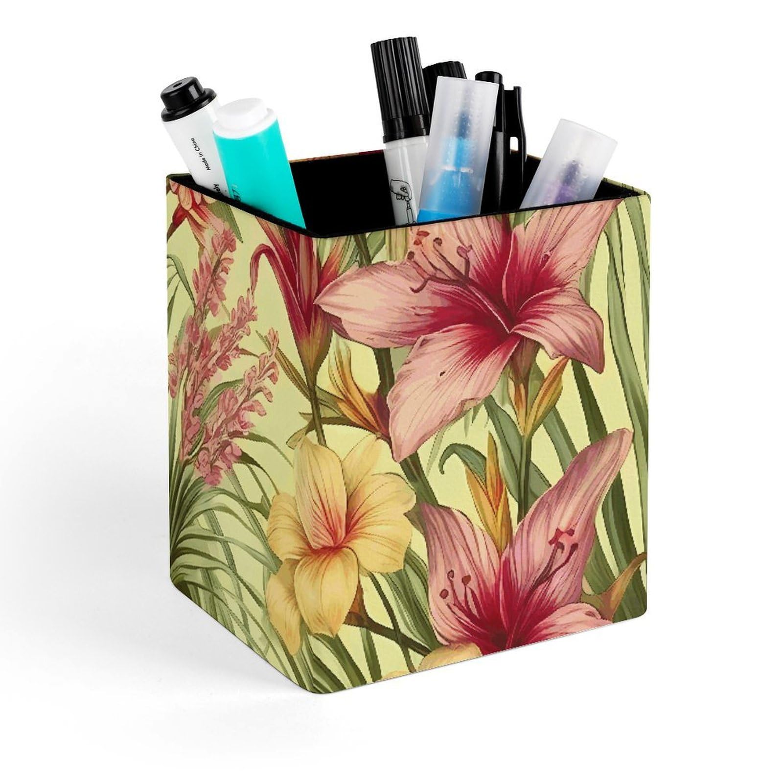 FekiLoot Tropical Palm Flower Pencil Holder Square Leather Pen Holder Cup Modern Multi-Functional Pencil Cup Holder Decorative Desk Organizer Caddy Makeup Brush Holders for Desk Office