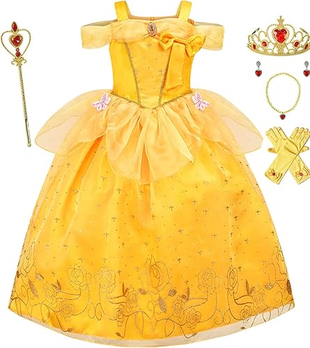Avady Girls Dress Layered Off Shoulder Princess Costume for Belle Luxury Lace with Accessories Yellow