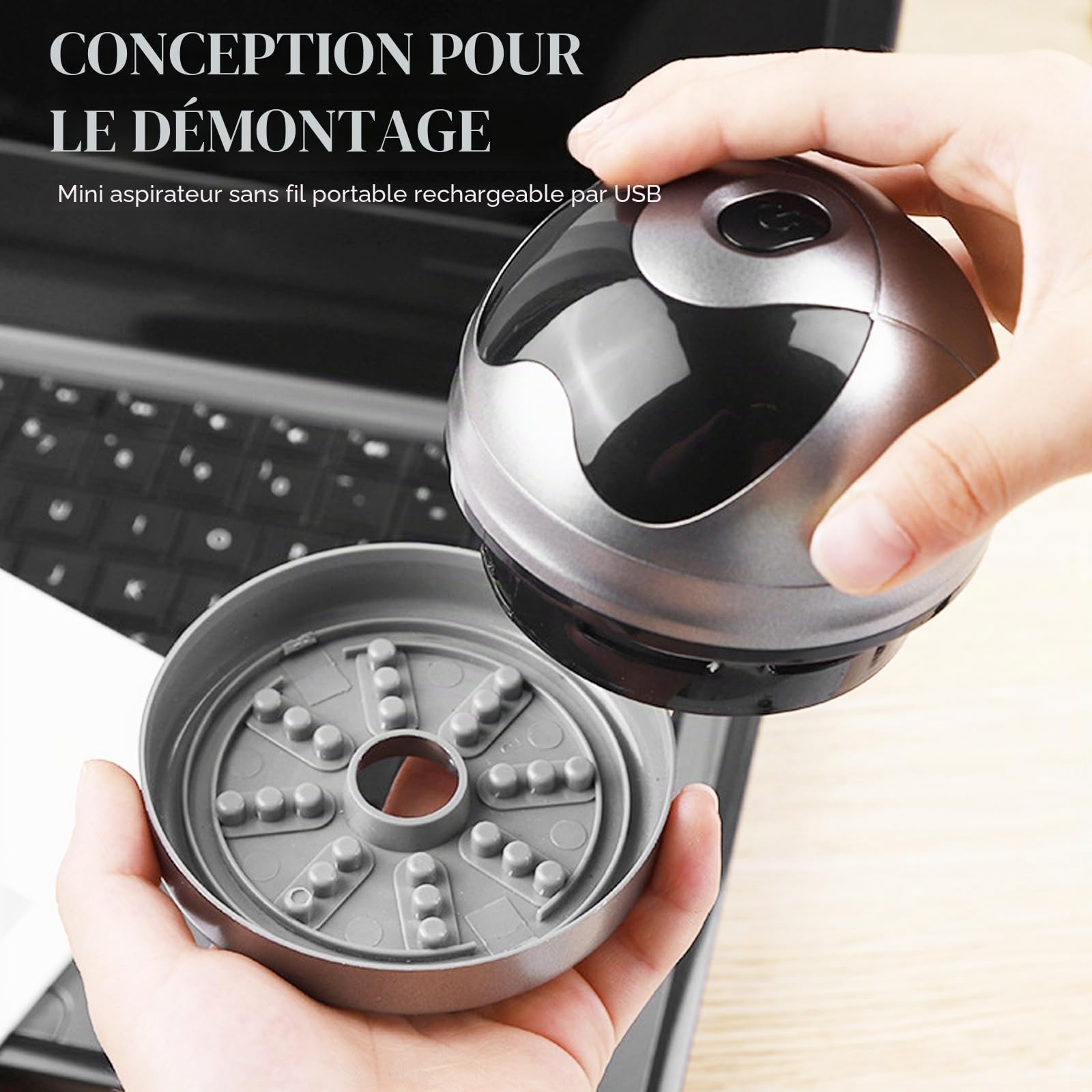 SPORWAY Aspirateur de table, petite aspirateur à main, rechargeable par USB, forte puissance d'aspiration, nettoyeur de poussière électrique, pour clavier, bureau, canapé (gris)