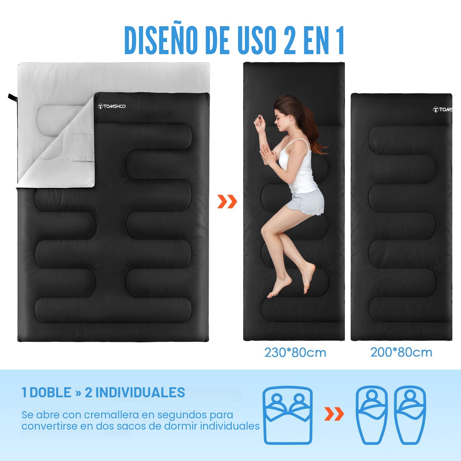 TOMSHOO Saco de Dormir Doble, 230 x 160 cm Saco de Dormir Campismo 2 Personas Extragrande con 2 Almohadas, 3-4 Estaciones Saco de Dormir Adult Doble para Acampar Senderismo Viajes Exterior Hogar