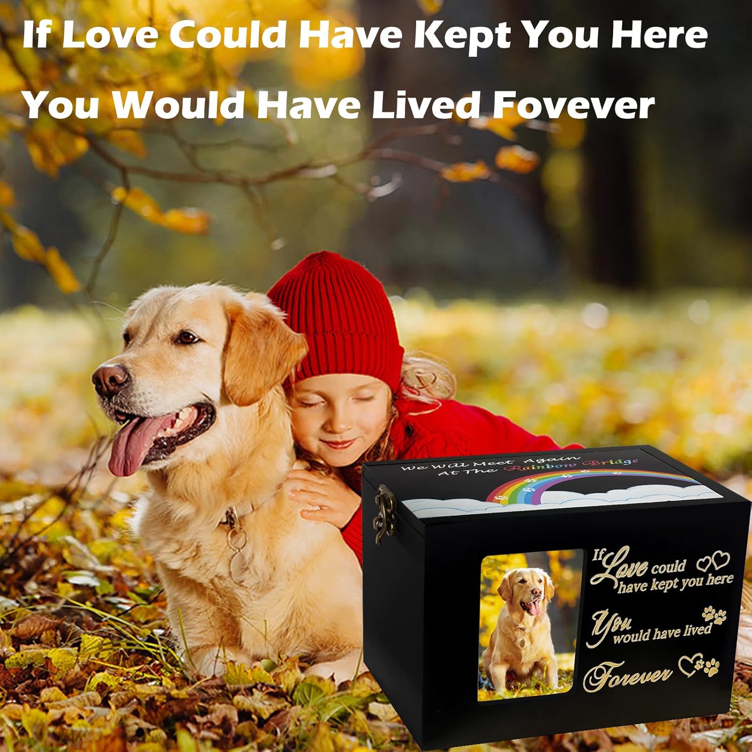 Sofunii Pet Urn for Ashes, Solid Wood Memorial Urn for Dogs & Cats, Rainbow Bridge Keepsake Cremation Box with Photo Frame, Pet Loss Remembrance Gift - Image 2