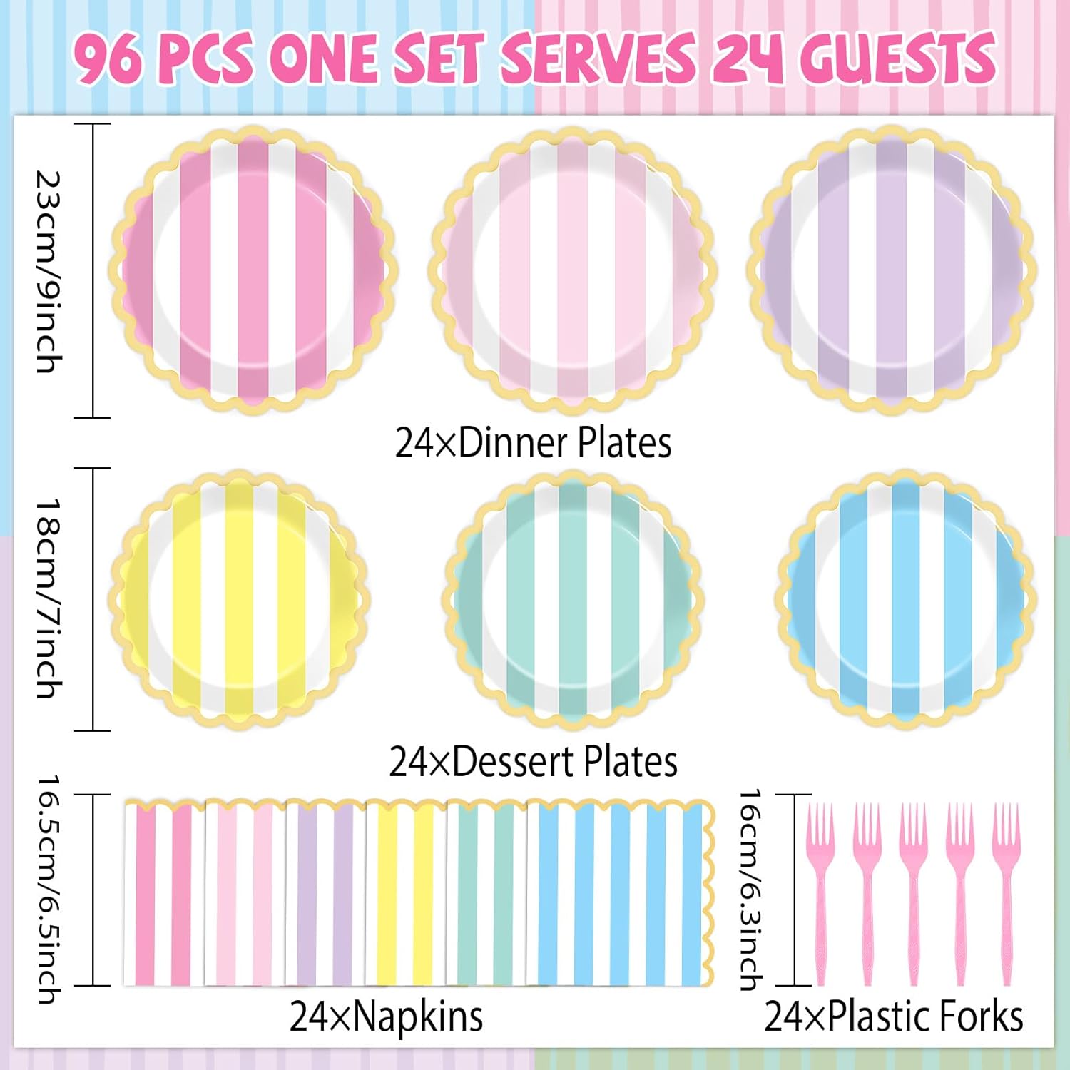 96Pcs Pastel Stripe Party Supplies Pastel Paper Plates Napkins Stripe Ice Cream Party Tableware Set Pastel Dinnerware for Girl Birthday Party Baby Shower Decoration Serve 24 (Scalloped)