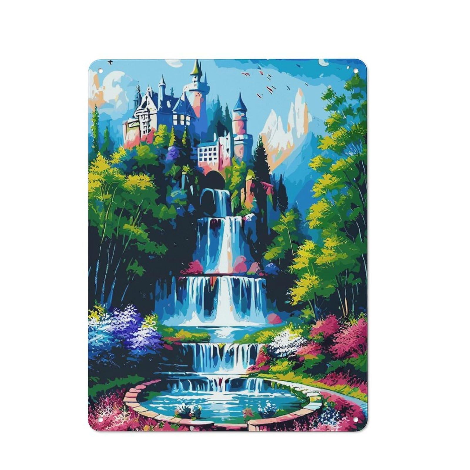 Junmoney Fantasy Castle Waterfall Landscape Painting Rustic Metal Plaque 40X30cm For Dining Room Or Kitchen, A Housewarming Gift For Dining Room Decor Fans