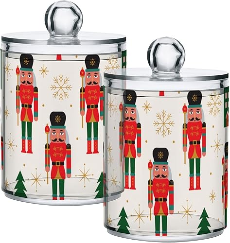 SDMKA Paquete de 2 tarros de boticario para baño, cascanueces de Navidad, dispensador de plástico transparente con tapa para bolas de algodón,