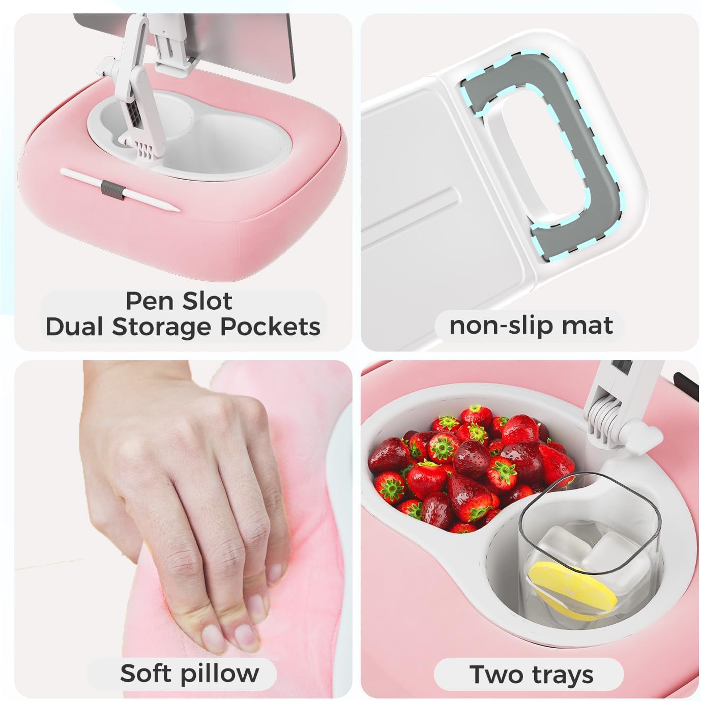 Tablet Pillow Stand, Adjustable Kindle Holder with 2 Snack Bowls, 360° Adjustable iPad Stand for Bed with 4.7''-13'' iPad, Kindle, Phone, Gift for Reading Accessories on Bed, Sofa, Pink