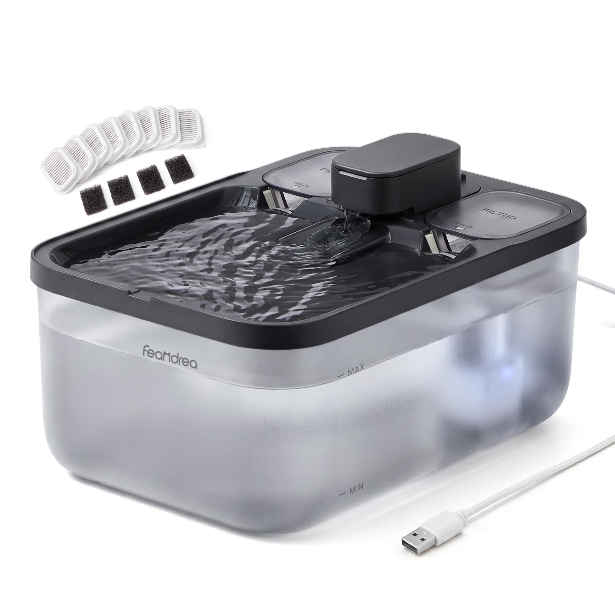 Feandrea Cat Water Fountain, 8 Filters and 4 Sponges | 4.5L Capacity, 4-Stage Filtration, 28.7 x 19.3 x 17.3 cm, Ink Black, Boxal Collection PWF002B101