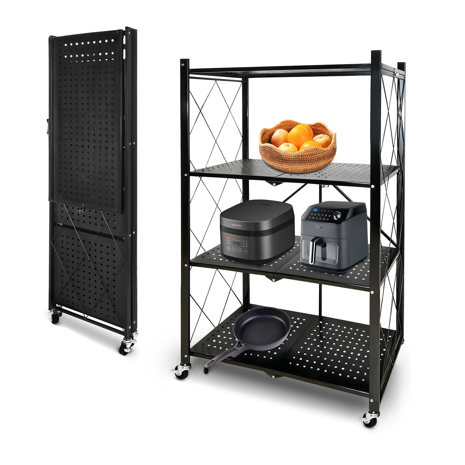 折り畳みメタルラック 折りたたみラック 4段 収納ラック 折りたたみ棚 スチールラック オープンラック キッチンラック 360°キャスター付きで移動 設置不要 家庭用収納ラック キッチン 寝室 応接間 書斎などに (高さ124CM X 幅71CM X 奥行34CM)