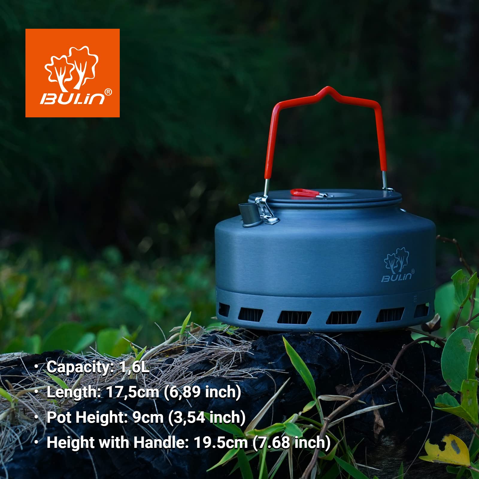Bulin Bouilloire Camping – 1,6 L, bouilloire ultralégère en aluminium anodisé dur, pour maison, camping, trekking, randonnée, pique-nique, (fond à échangeur de chaleur)