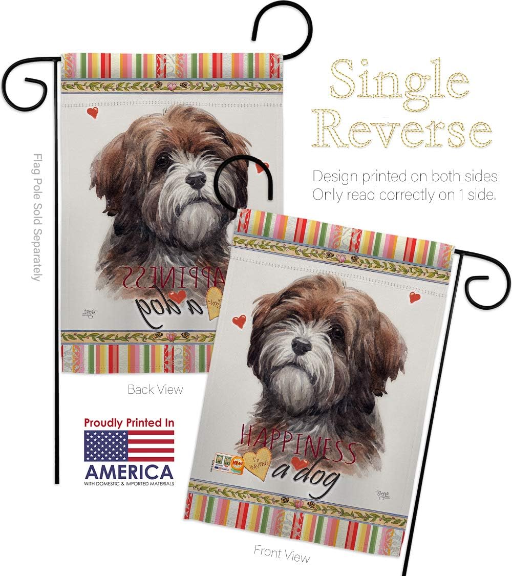 Brown Tibetan Terrier Happiness Garden Flag Set with Stand Animals Dog Puppy Spoiled Paw Canine Fur Pet Nature Farm Animal Creature Small Gift Yard House Banner Made In USA 13 X 18.5