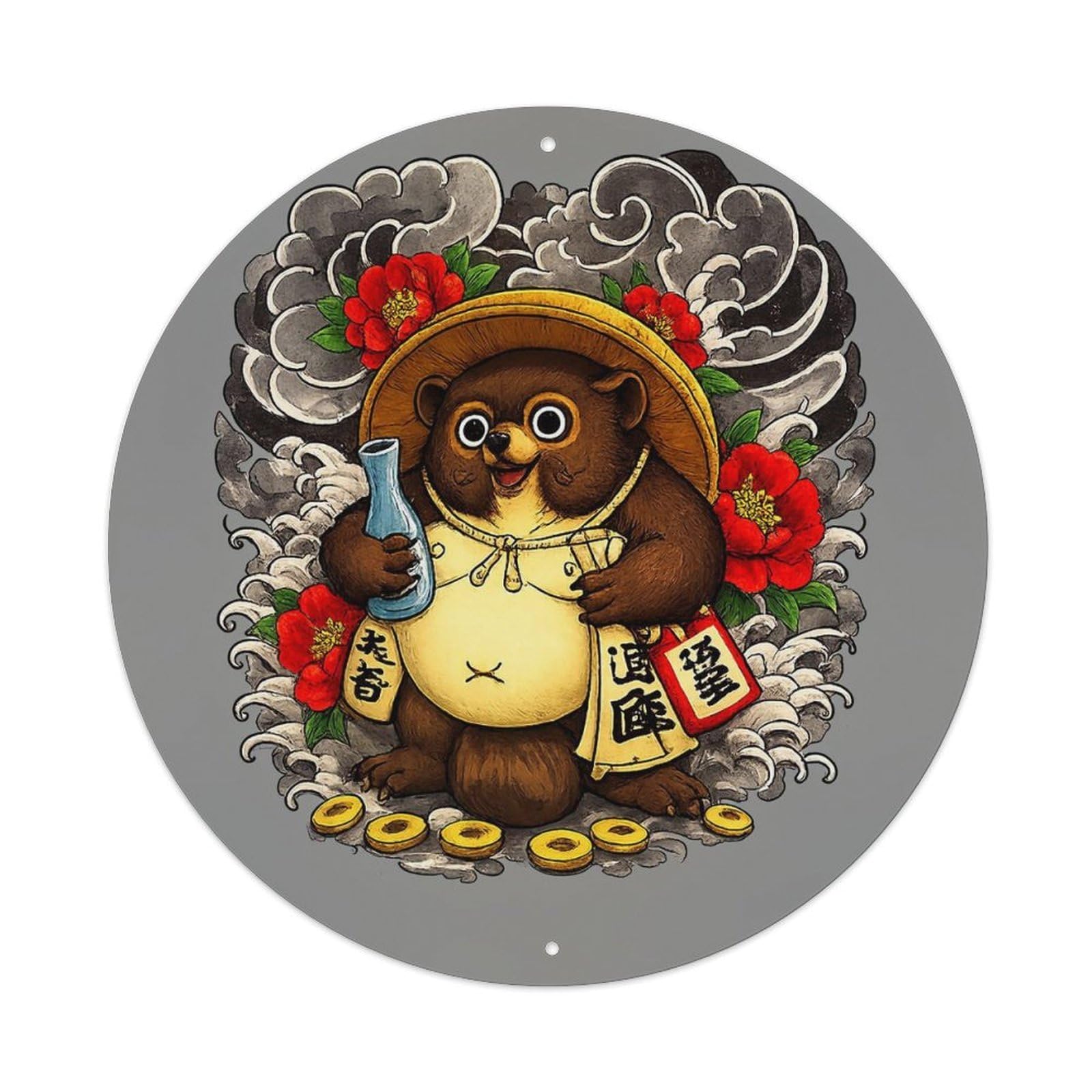 Bear Holding Bottle And Scroll Round Tin Sign Vintage Metal Sign Home Bar Garden Indoor & Outdoor Wall Decor Retro Metal Poster 8x8 Inch
