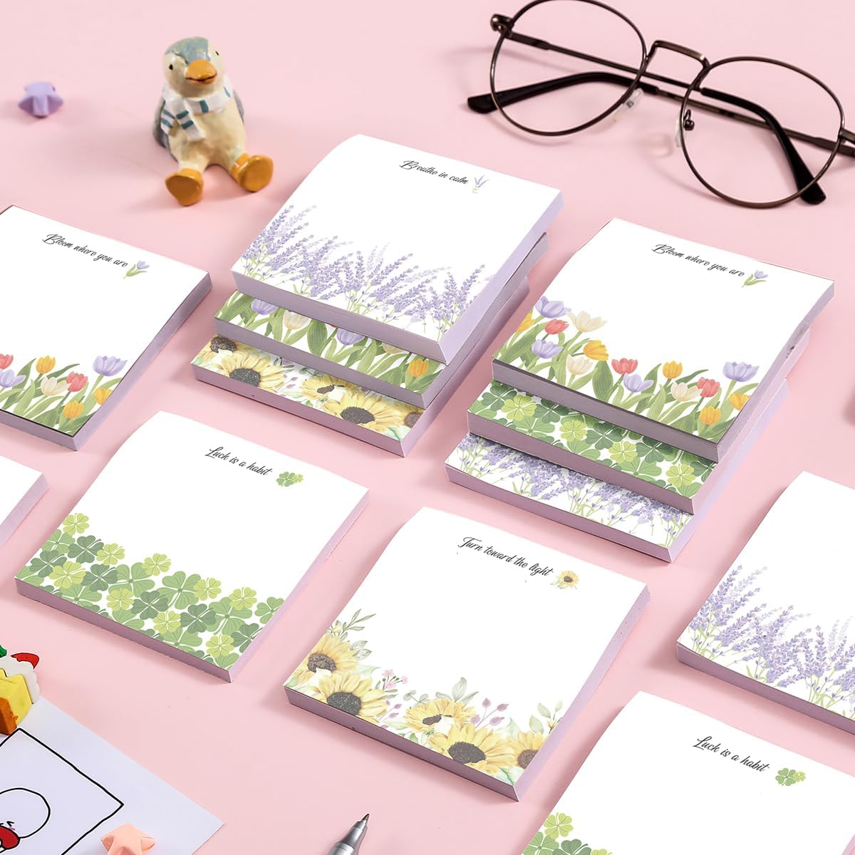 Cute Floral 4-Pad/200 Sheets 3x3in Sticky Notes Set, Adorable Memo Pads with High-Adhesive, Reusable Tearable Post it Notes for Journal Planners Office School Home, Bulk Stationery Gift - Image 9