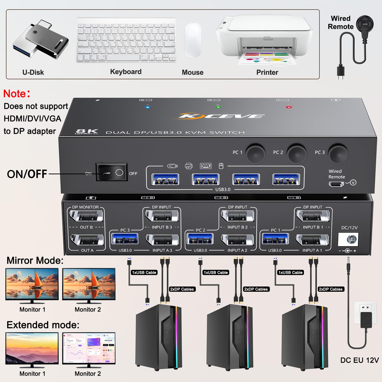 Switch KVM USB 3.0 DP 2 monitory 3 komputery, przełącznik KVM YOUTINGHDAV 4K przy 144 Hz, przełącznik KVM z dwoma monitorami Displayport 1.4, przełącznik USB KVM Udostępnij 4 urządzenia USB