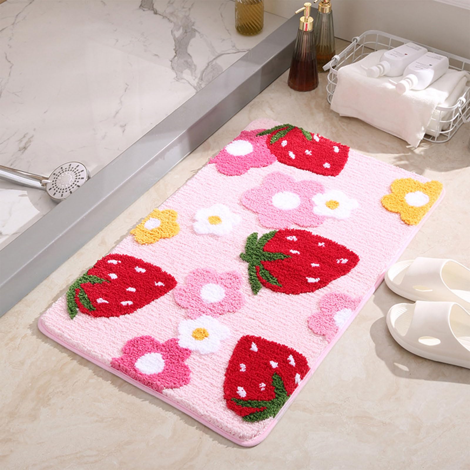 Generisch Tappetino da bagno con motivo floreale di fragole, morbido tappeto da bagno con fondo antiscivolo, decorazione facile da pulire, comodo tappeto da bagno