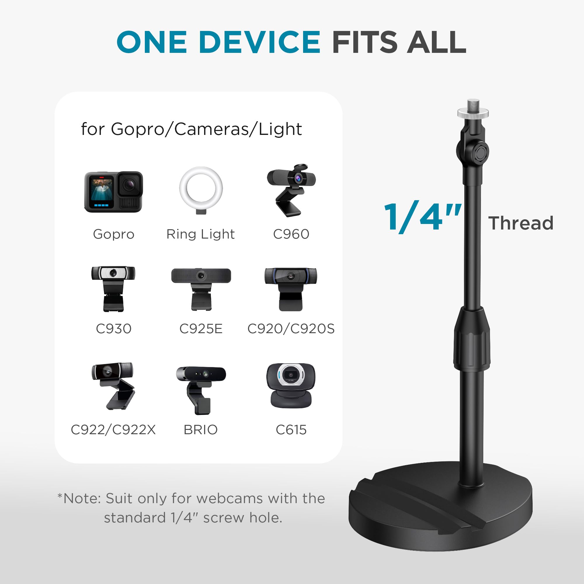 InnoGear Support télescopique pour webcam de bureau avec support de téléphone pour webcam C922 C930e C920S C920 C615 C960 C920x BRIO 4K NexiGo N60, lumière droite, GoPro avec filetage 6,35 mm