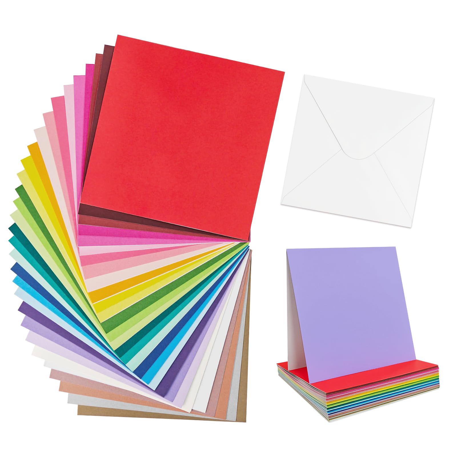 30 Pack 8x8 Square Coloured Blank Cards and Envelopes, 30 Assorted Colours Coloured Cards and White Envelopes for Card Making, Invitation and Greeting Cards (20.3x20.3cm)