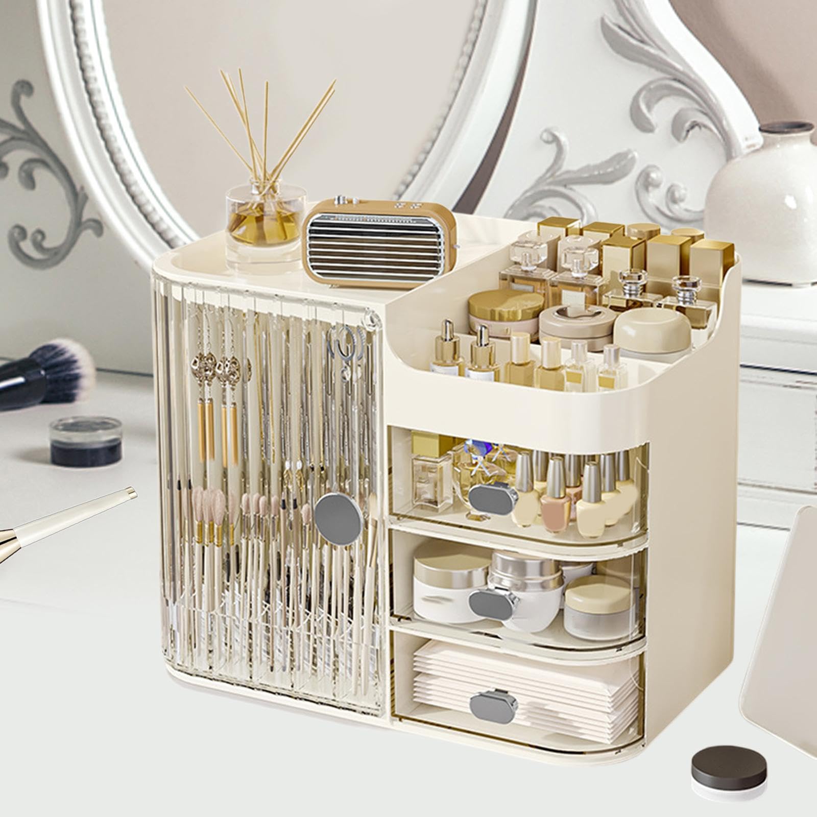 Organisateur de Maquillage Grand Organisateur Cosmétique Boîte de Rangement avec Tiroir Support pour Pinceaux Fonction Ouverture Large avec Miroir en, Blanc Clair