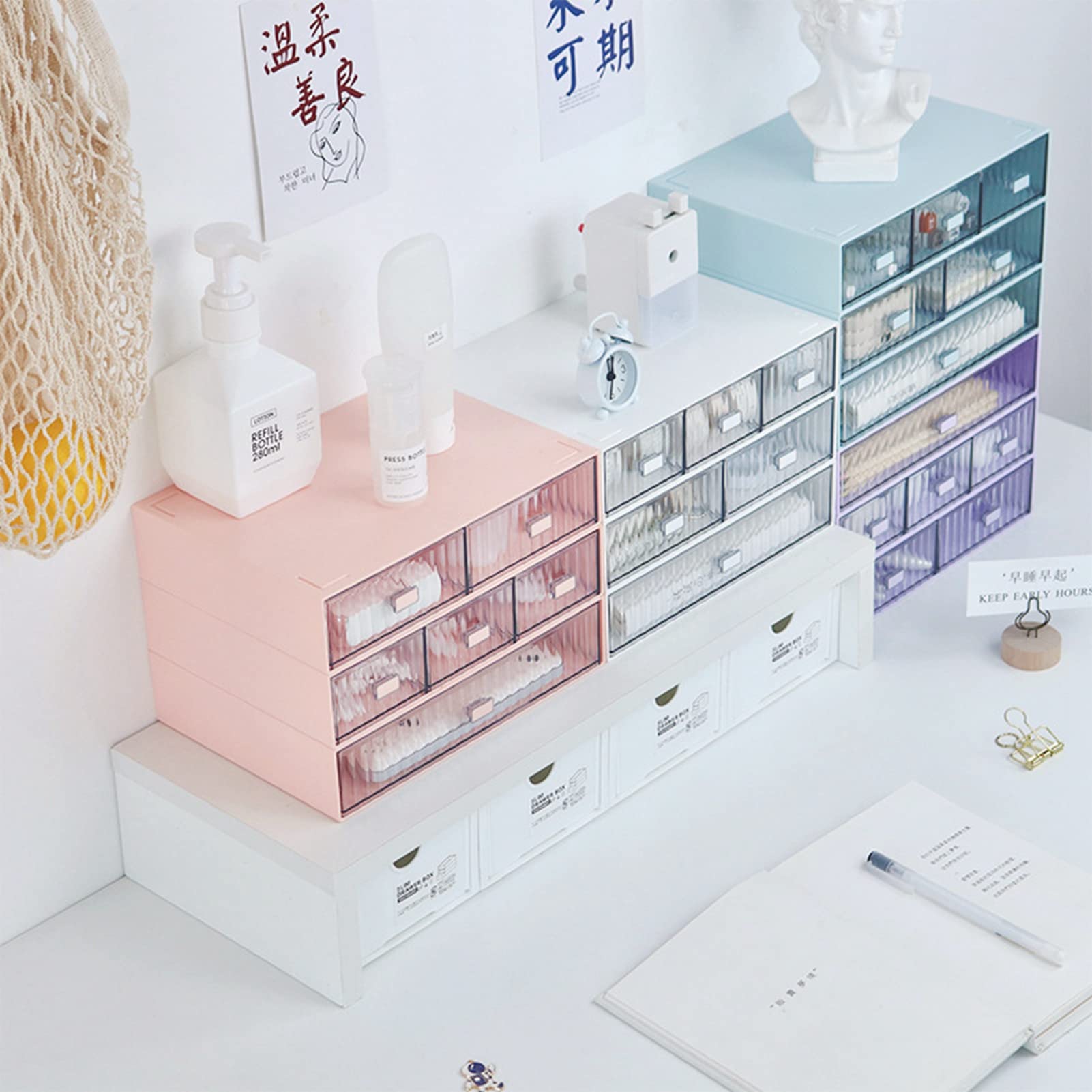 Cajón organizador de escritorio apilable, caja de almacenamiento de escritorio de plástico, organizador de maquillaje impermeable, cajón de escritorio para almacenamiento de manualidades (rosa-2)