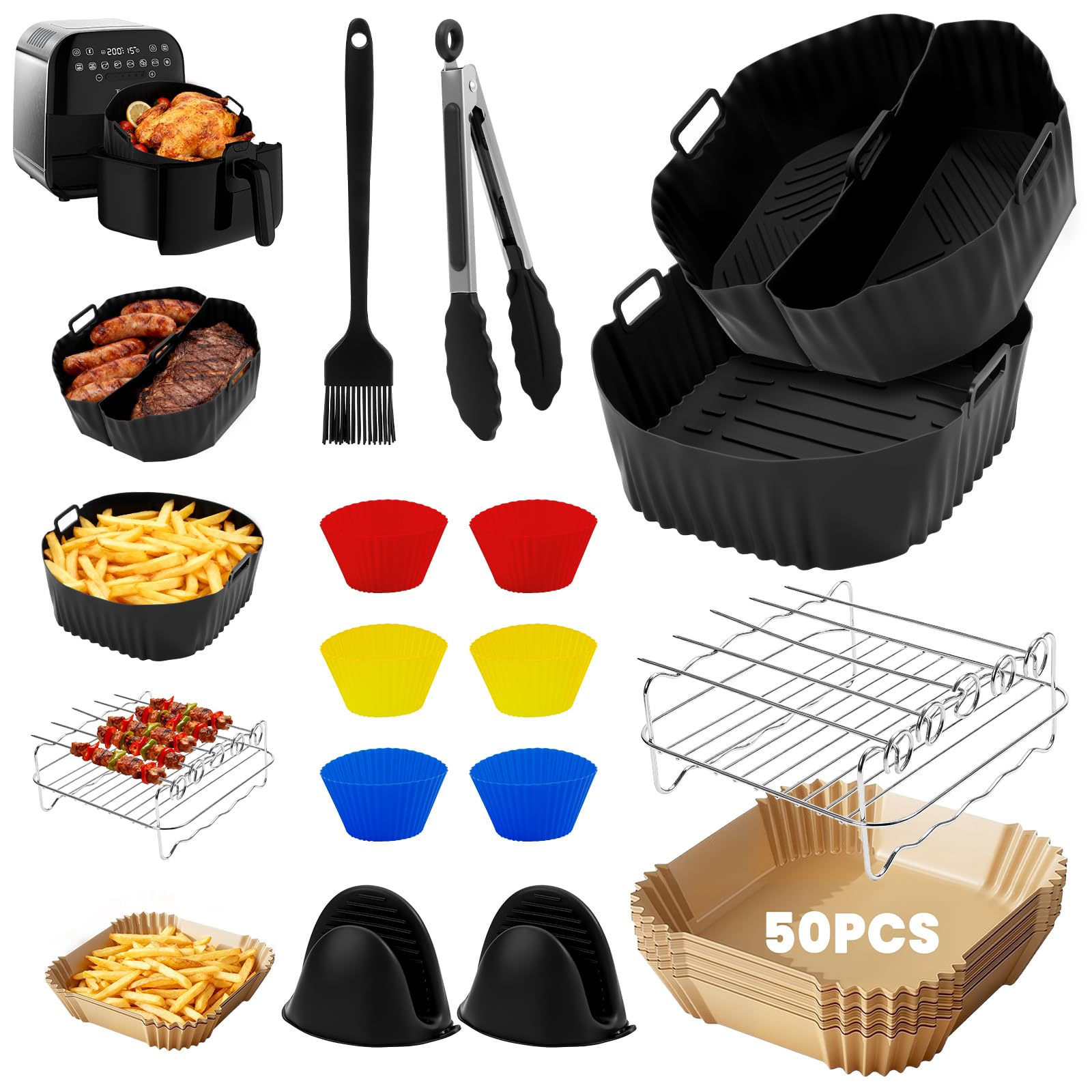 Zorplex 14 PCS Accesorios Freidora de Aire, Cuadrado Molde Silicona Freidora para COSORI 4,7L/5,5L/6L, Cecotec 5,5L/6L/7,6L, con Moldes para Muffins, Rejilla para Hornear, Pincel De Cocina (14 Negro)