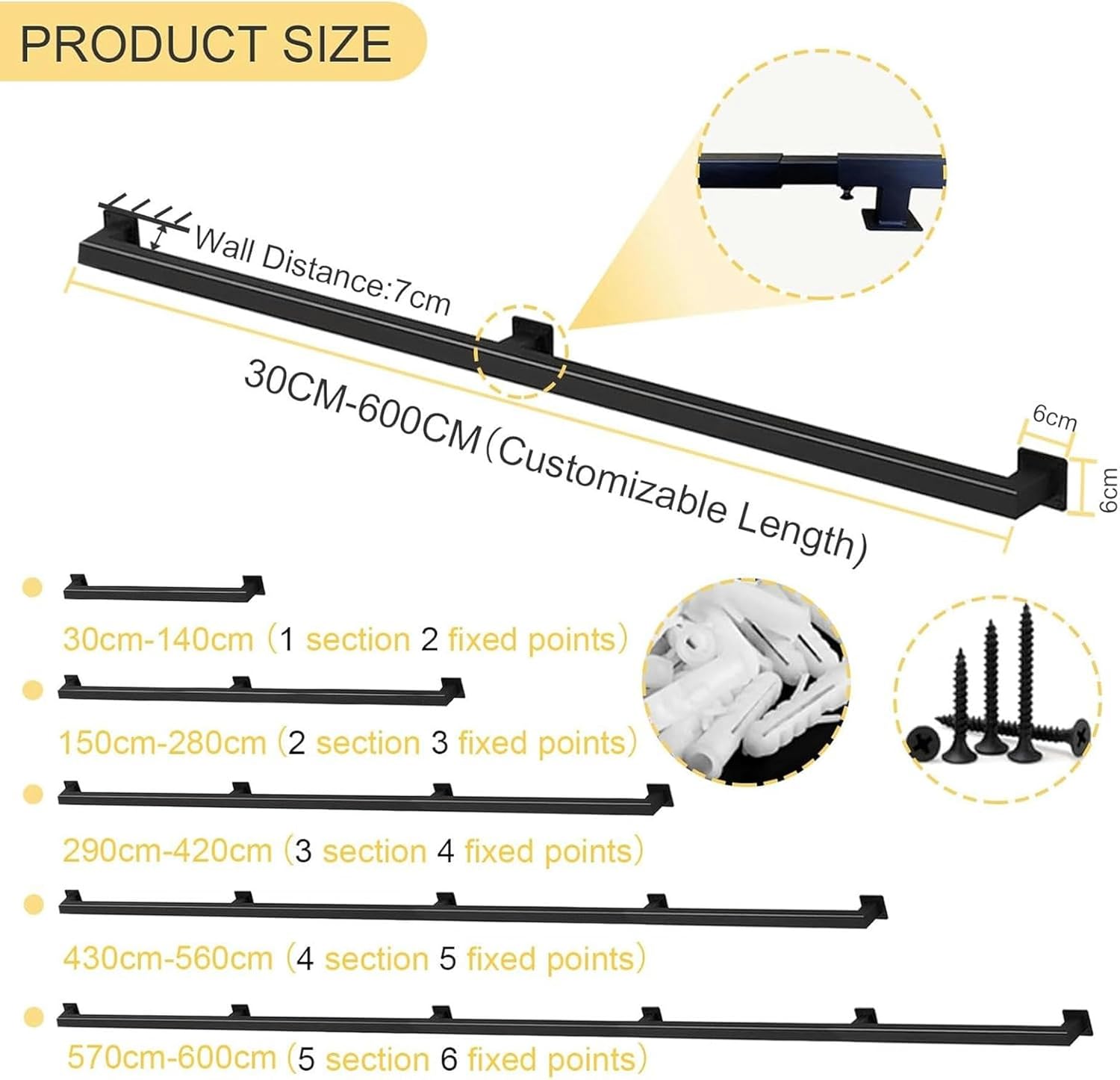 Black Stair Handrail, 1ft-20ft Metal Staircase Handrails for Stairs Indoor and Outdoor Galvanized Industrial Iron Pipe Stair Railing Wall Balustrade Foot Rail Support