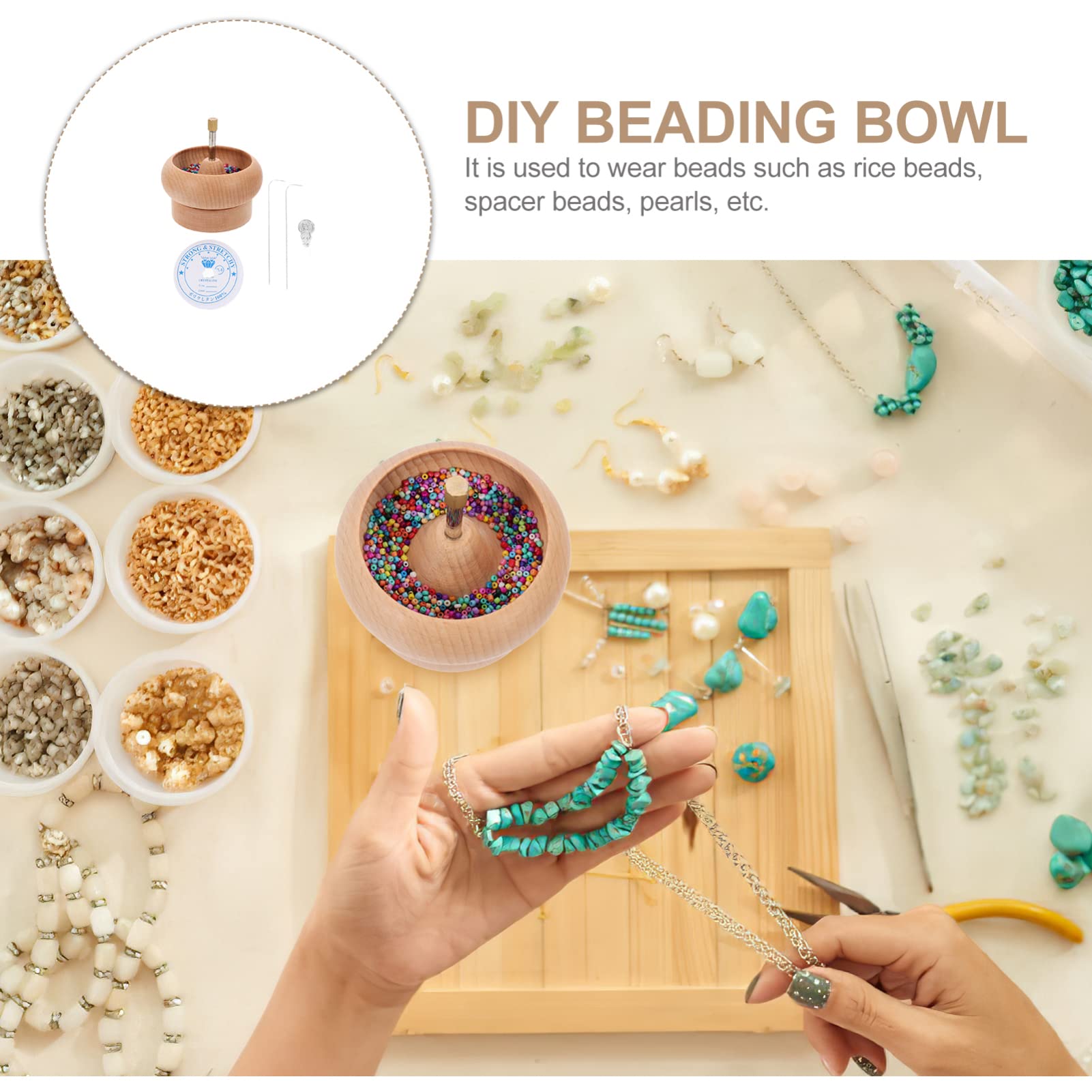 FOMIYES 1 Set Bead Threader Beading Tool for DIY Beading Bowl Bead Spinner Bowl Beading Tool with Needle Waist Beads Kit Bracelet Making Tool DIY Bead Bowls Wooden Making Bead Spinner
