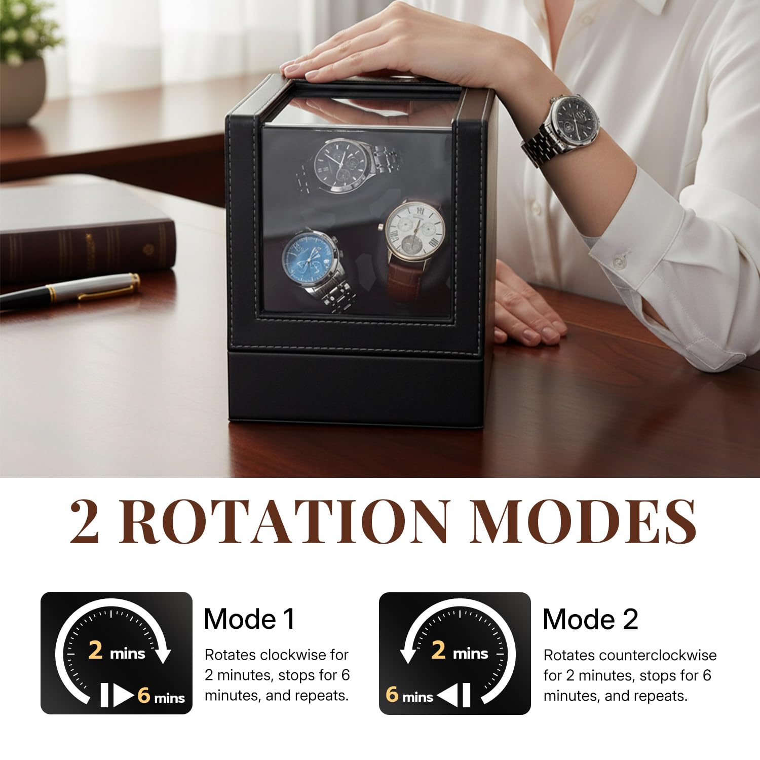 Mcbazel Remontoir Automatico per Orologi - Scatola in Pelle, Motore Silenzioso, 2 Modalità di Rotazione, Scatola Espositiva per Collezione di Orologi