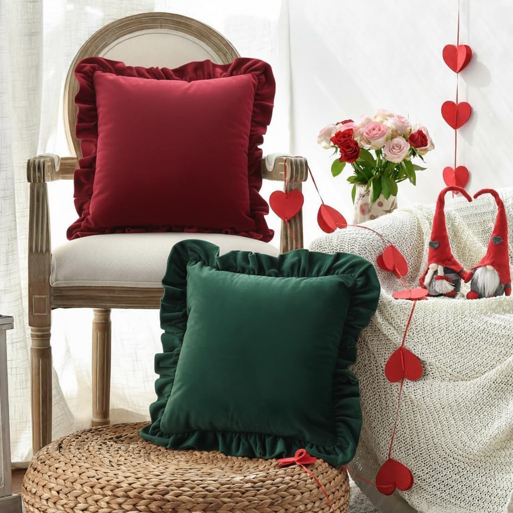 Decorative Throw Pillow Covers 18x18 inch Set of 2, Soft Plush Ruffled Decorative Red Green Solid Couch Pillow Covers with Matte Finish for Sofa Holiday Home Décor
