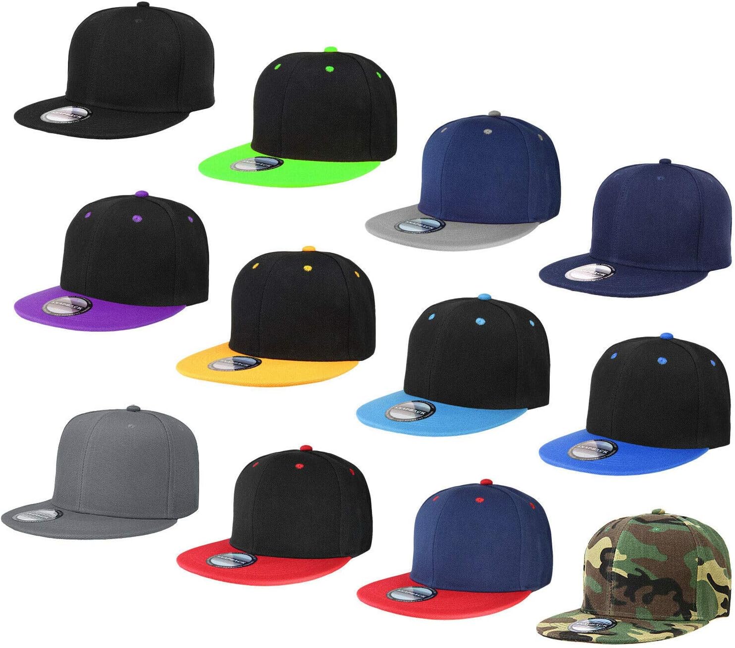Wholesale 12 Pack Snapback Hat Cap Hip Hop Style Flat Bill Blank Solid Color Adjustable Size