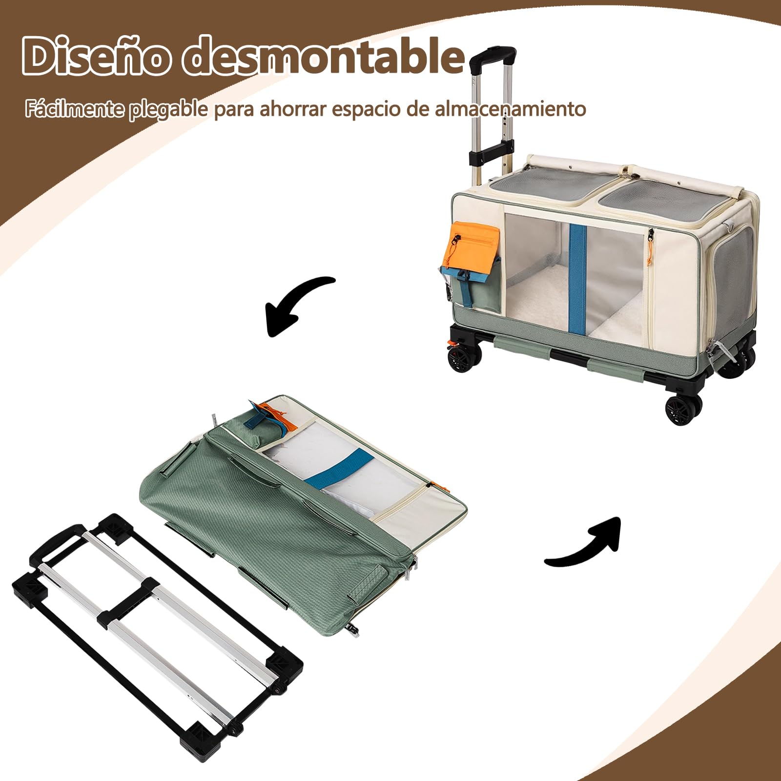 Galatée Cochecito para Mascotas, Mochila para Perros con Ruedas, Bolsa De Viaje 2 En 1 para Gatos, Bolsa Plegable para Perros para Viajes, Camping y Actividades Al Aire Libre(Verde)