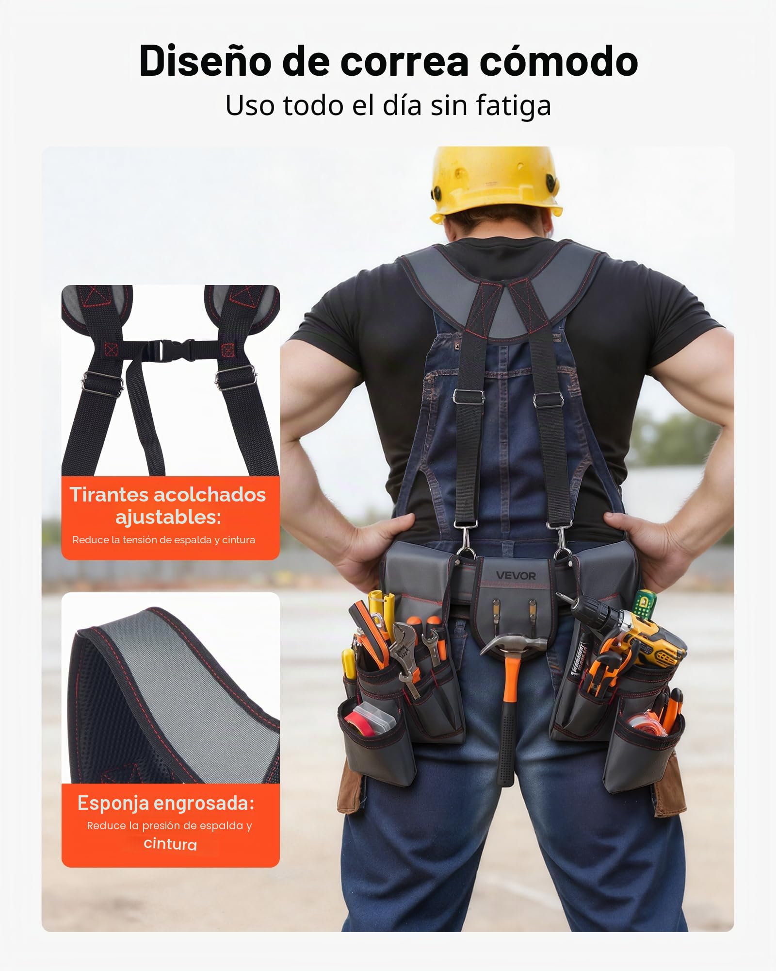 VEVOR Cinturón Portaherramientas para Profesionales, con 22 Bolsillos y Tirantes, Funda para Riñonera para Electricistas, Carpinteros y Obreros de la Construcción, Ajustable de 810 a 1730 mm