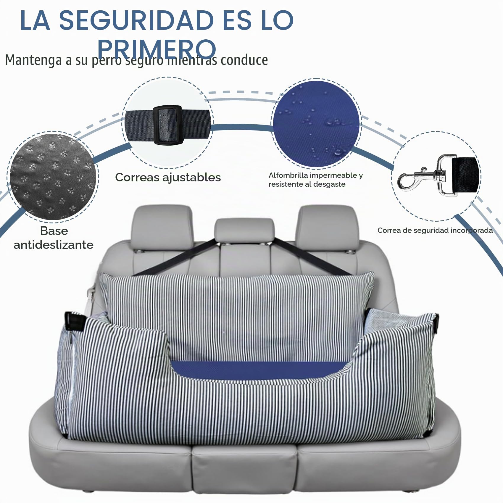 Asiento de coche para perros grandes de hasta 36 kg, cama lavable para perros, asiento para perros portátil con 2 correas de seguridad y base antideslizante