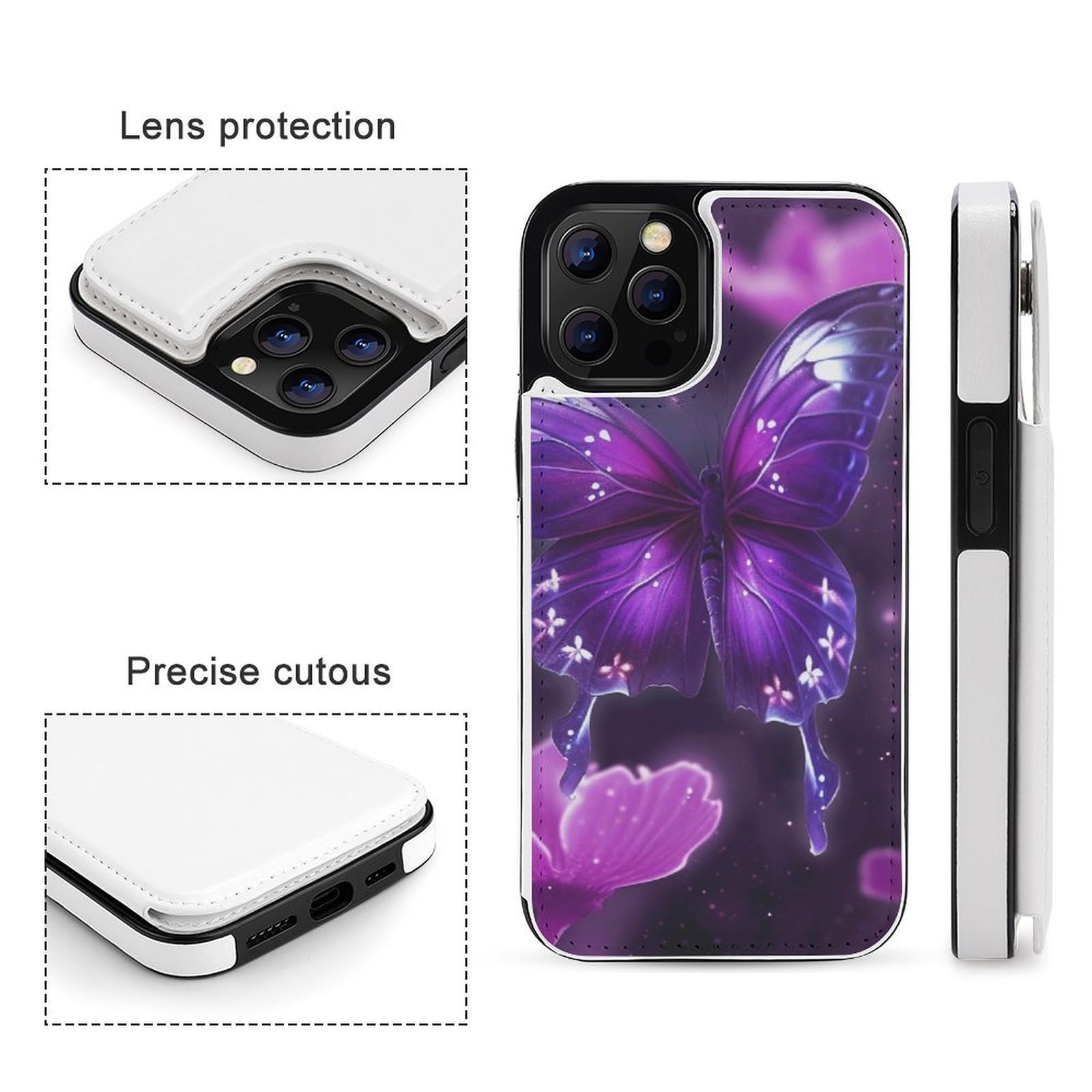 Fundas tipo cartera para iPhone 12 Pro Max, diseño de mariposas moradas, funda de piel con ranuras para tarjetas