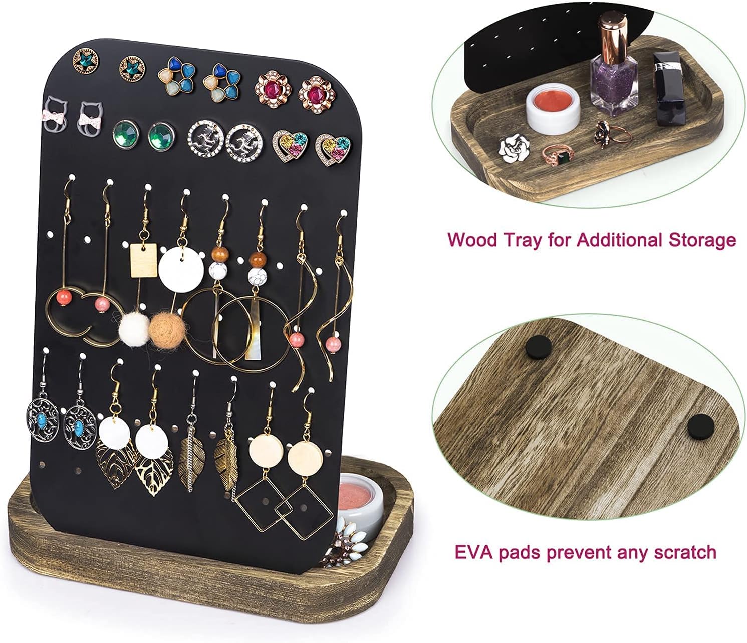 SRIWATANA Earring Holder Organizer Display, Metal Jewelry Organizer with Solid Wood Tray(62 Holes), Carbonized Black