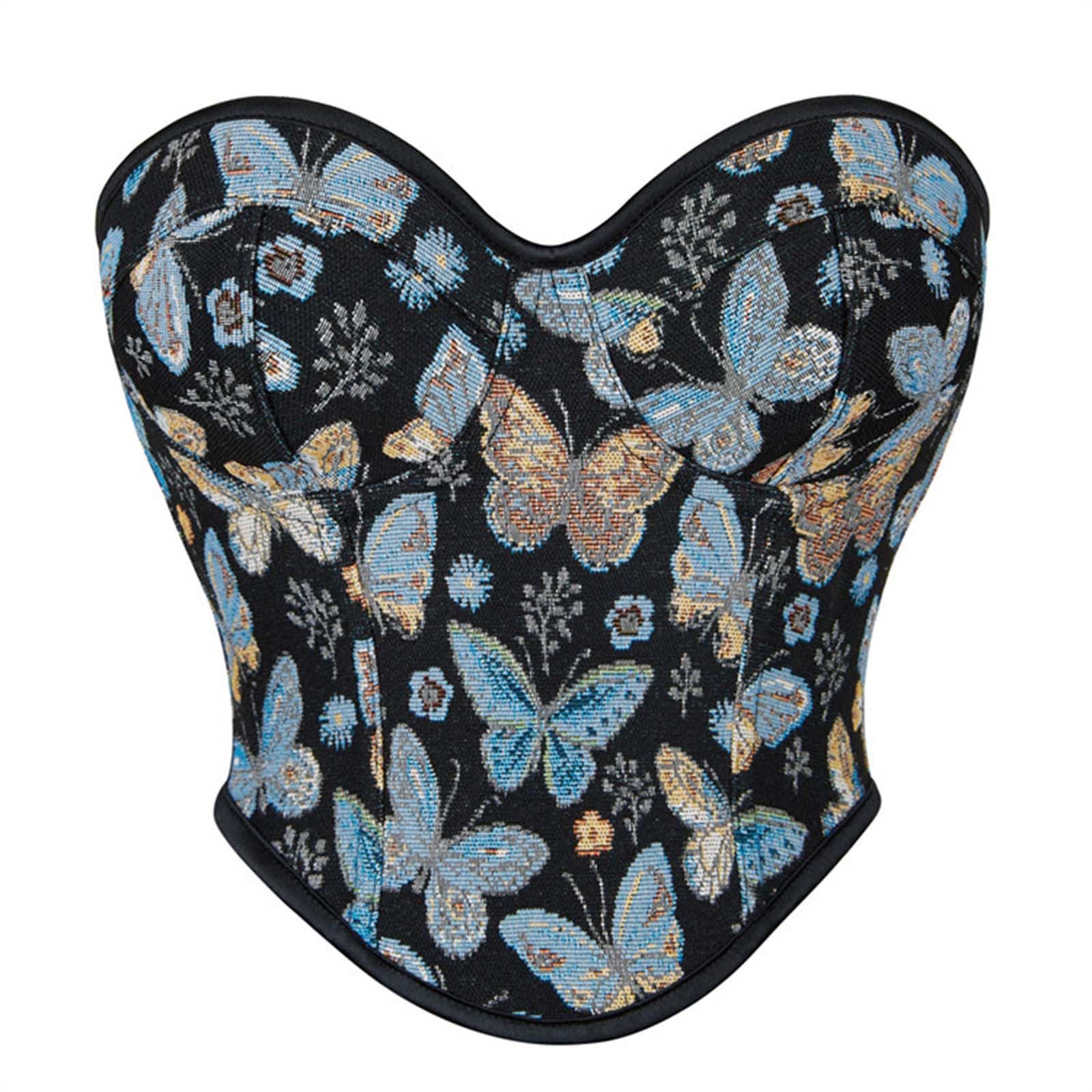 Sinzelimin Womens Court Corset Butterfly Pattern Tube Top Gathered Overbust Corsets Shapewear Tops Corset Tops for Women