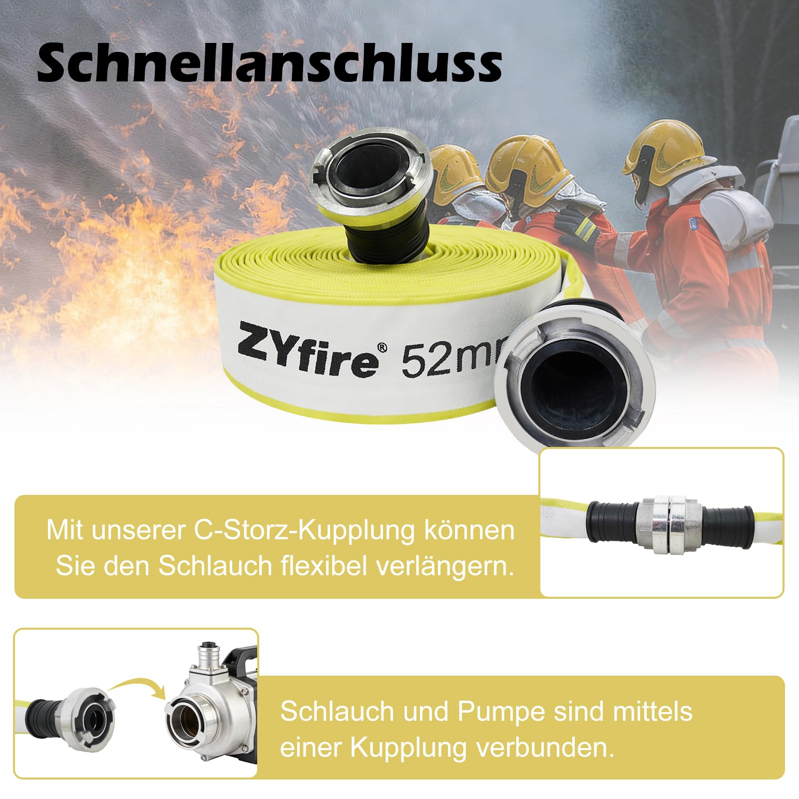 ZYfire Feuerwehrschlauch 52mm x 30m | 2 Zoll Schlauch mit C-Storz Kupplung | Flexibler Wasserschlauch für Industrie Gebäude, 10 Bar Betriebsdruck, -25°C~+60°C, Korrosions- & Abriebfest, Flach Aufrollbar