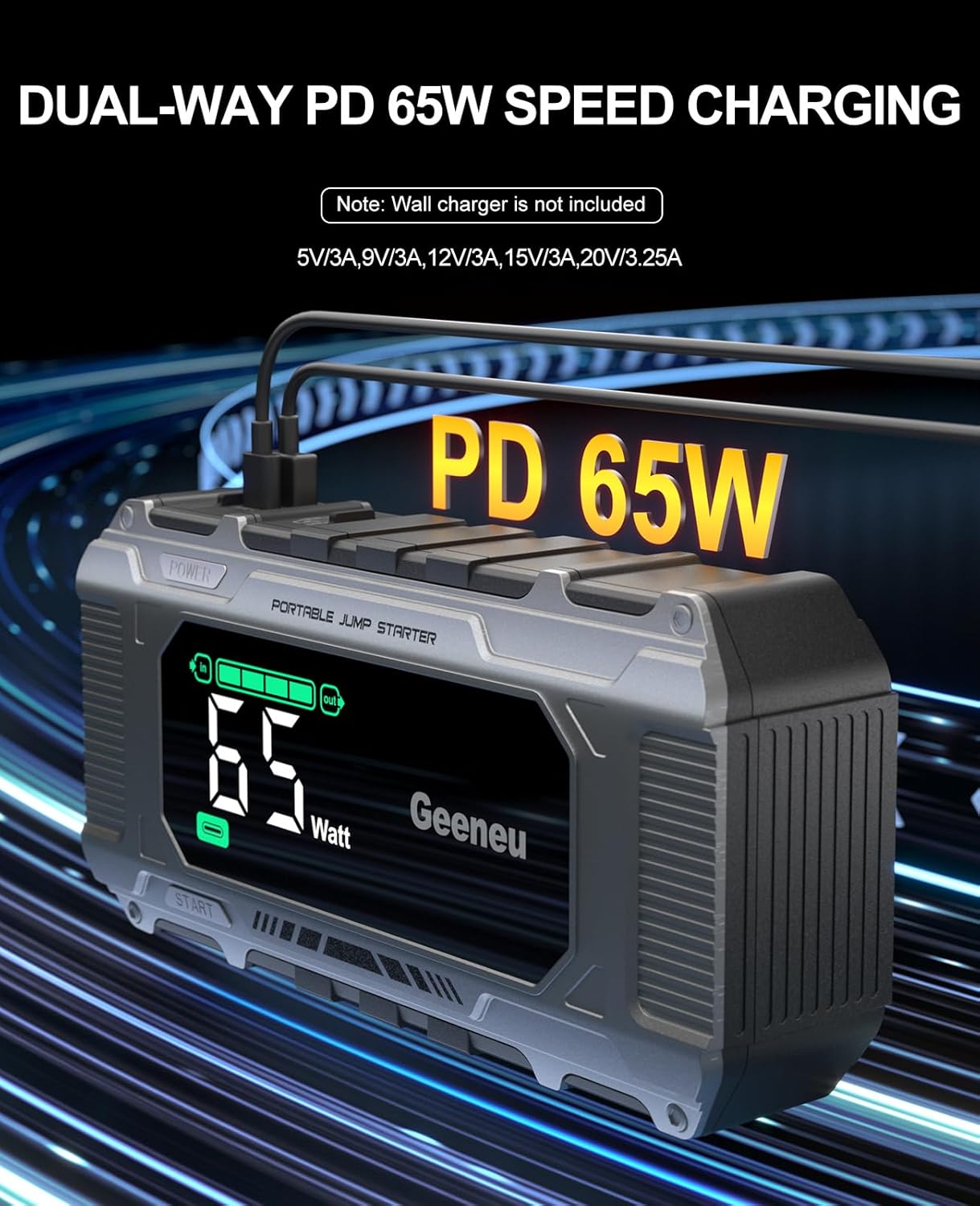 Car Battery Charger Jump Starter, 8000A Portable Jumper Starter with PD 65W Quick Charger, Jump Box 12V Battery Booster Jump Pack for All Gas/10L Diesel,Large Screen,150W DC, Lights