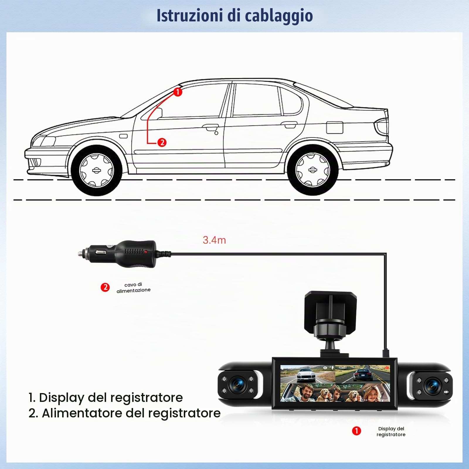 Telecamera per auto dash cam da 3,16 pollici 1080P, visione a 360° con 3 telecamere - monitoraggio del parcheggio con rilevamento del movimento e visione notturna