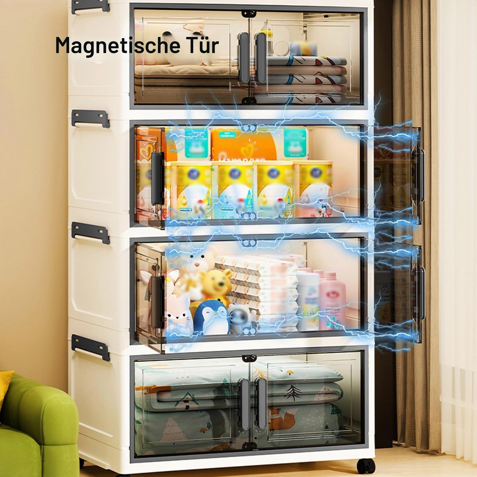 6 Ebenen Aufbewahrungsboxen Stapelbar Schrank mit Rädern Faltbar Aufbewahrungsschrank mit Deckel und Magnettür für Büro Küche Wohnzimmer(52 * 25 * 130cm)