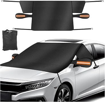 Car Windshield Ice Snow Cover with Magnetic Edges, Heavy Duty Oxford Fabric Windscreen Protector Cover with Side Mirror Covers, Winter Waterproof Frost Cover for Car Truck SUV RV Orange