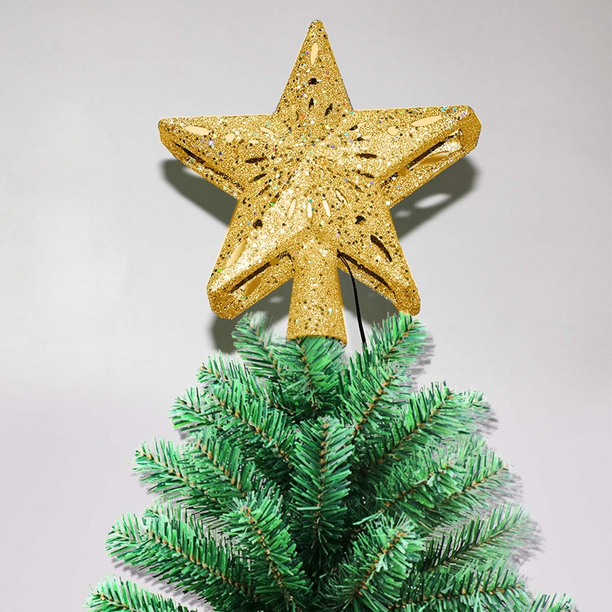 Star Christmas Tree Topper Decorations - Glittering Gold Hollow Tree Topper, Rotating 3D Projector Lamp Design Light White Snowflake for Christmas Tree Ornament Indoor Home Décor by FengRise