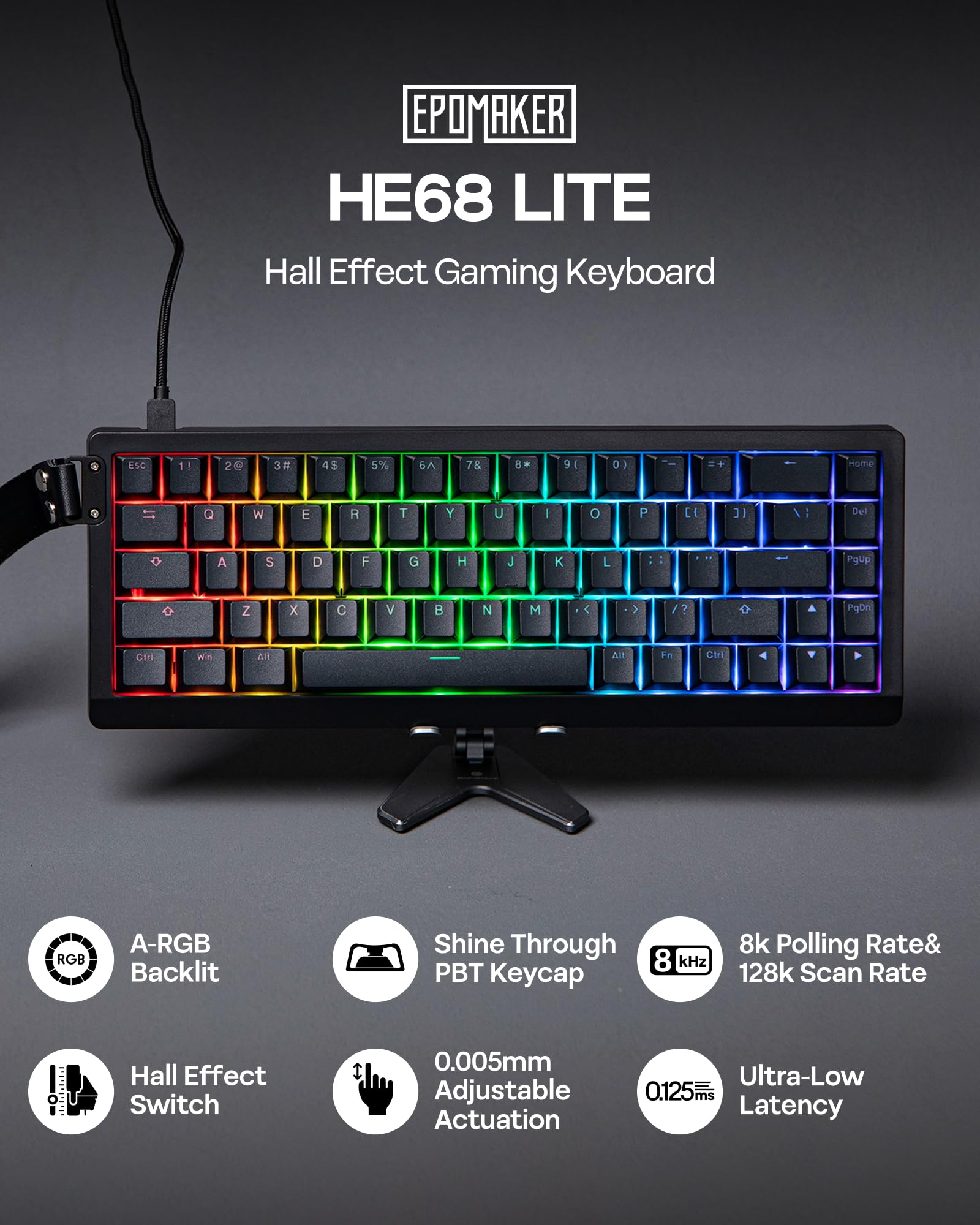 EPOMAKER HE68 Lite Teclado para Juegos con Cable con Hall Effect, Sondeo de 8000Hz y Escaneo de 128000Hz, Activación Ajustable, Latencia de 0,125ms, Amortiguación Acústica, Snap Key, A-RGB (Negro)