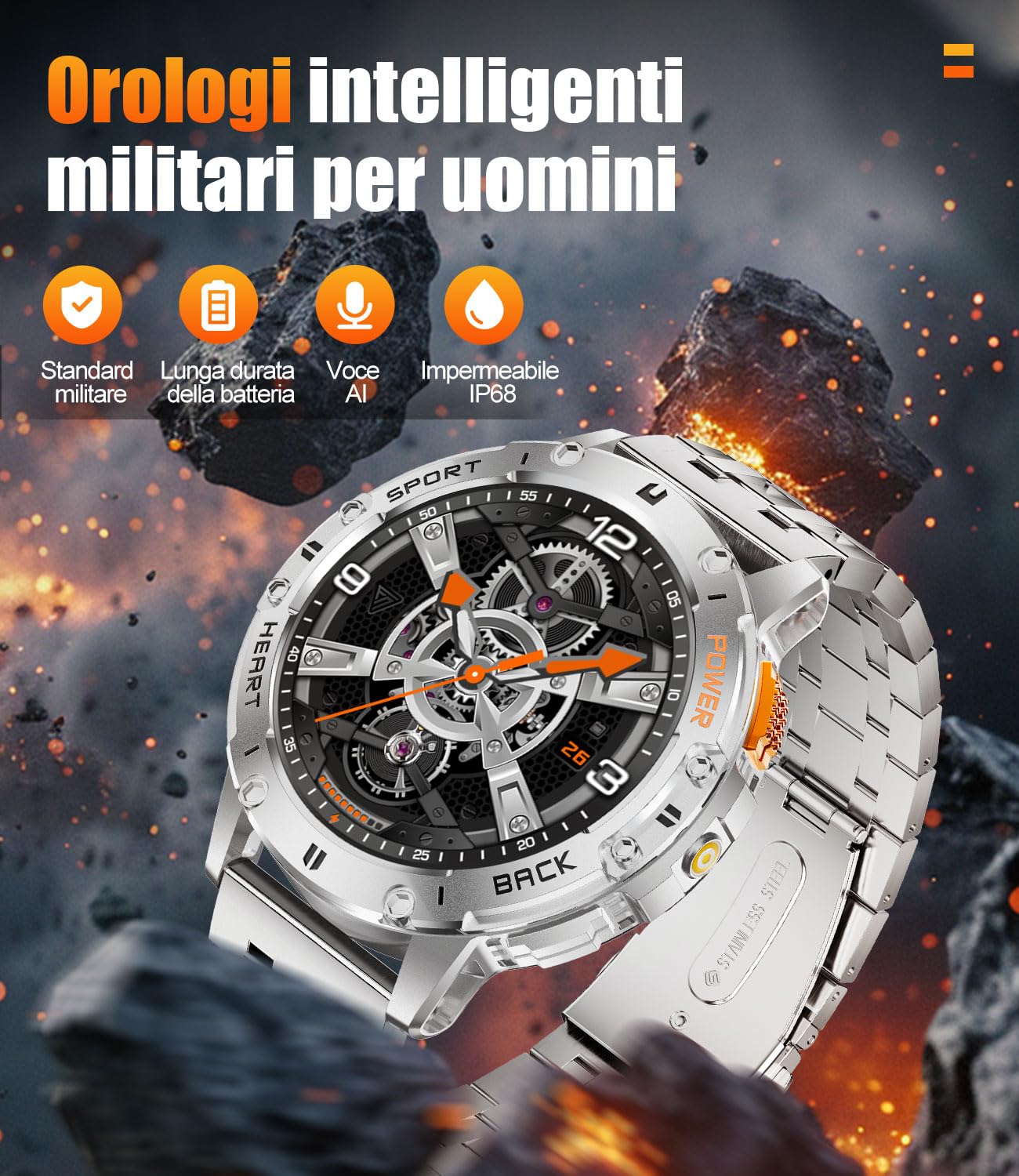 ESFOE Smartwatch Uomo Militare Impermeabile 5ATM con Torcia LED 1,43" AMOLED Display Rugged Smartwatch Orologio con Chiamate Bluetooth, 100+ Modalità, SpO2, Sonno, Notifiche WhatsApp per Android iOS