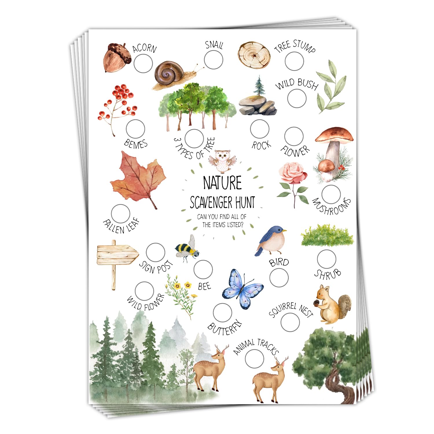 bxtala 30 Pcs Nature Scavenger Hunt Cards, Find and Seek Camping Sheets, Woodland Themed Holiday Party Game Outdoor Activity for Family Friend -02