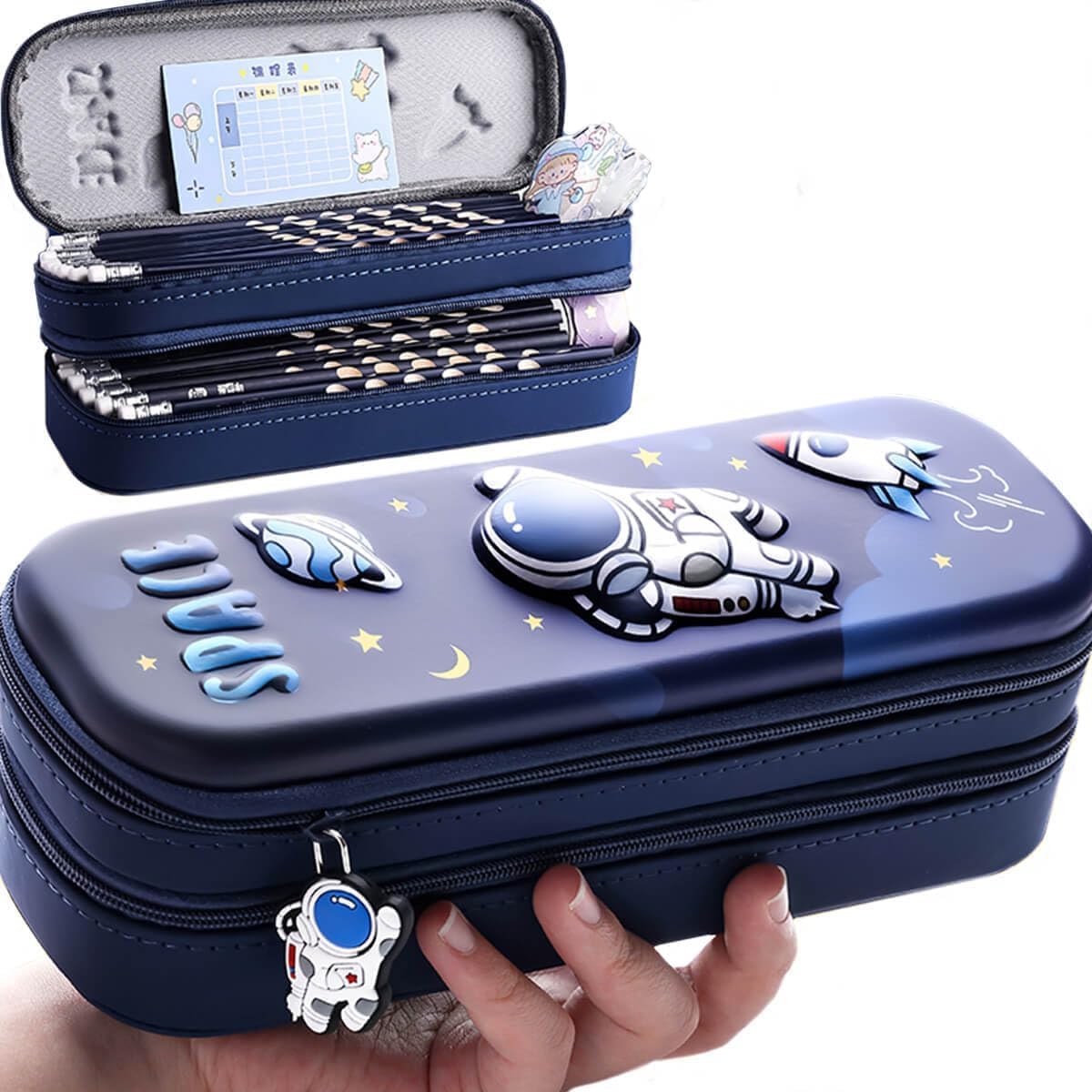 WireScorts Double Layer Space Pencil Case 3D Cover Eva Space Astronaut Theme Large Capacity Pencil Pouch Multifunctional Stationery Organizer for School - (Double Layer Space - Blue) - Image 3 thumbnail