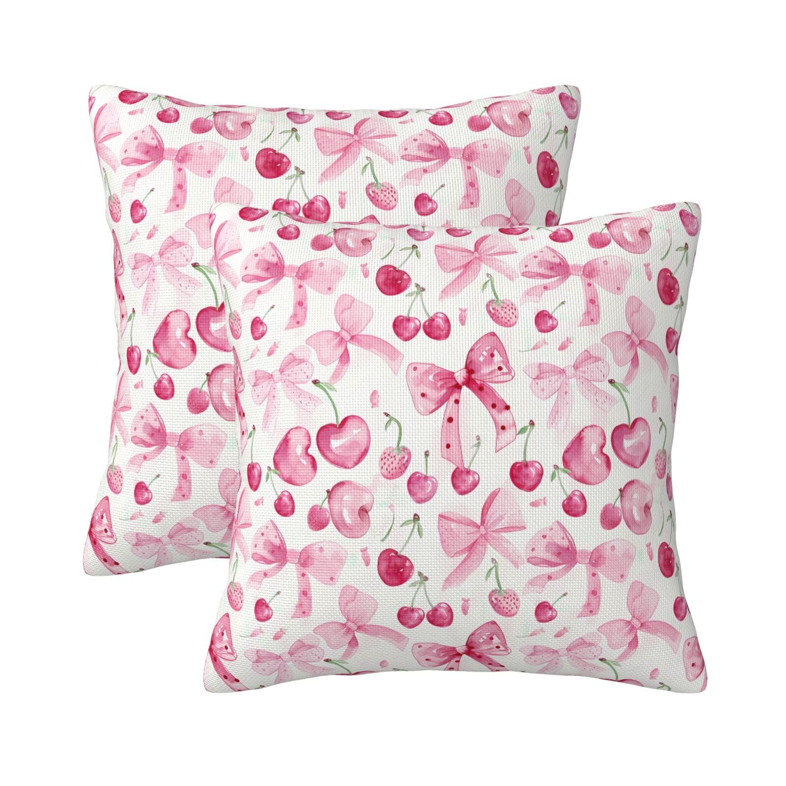 Pink Bow Cherry Pillow Covers 18x18 Set of 2 Preppy Room Decor Decorative Throw Pillows Farmhouse Cushion Covers