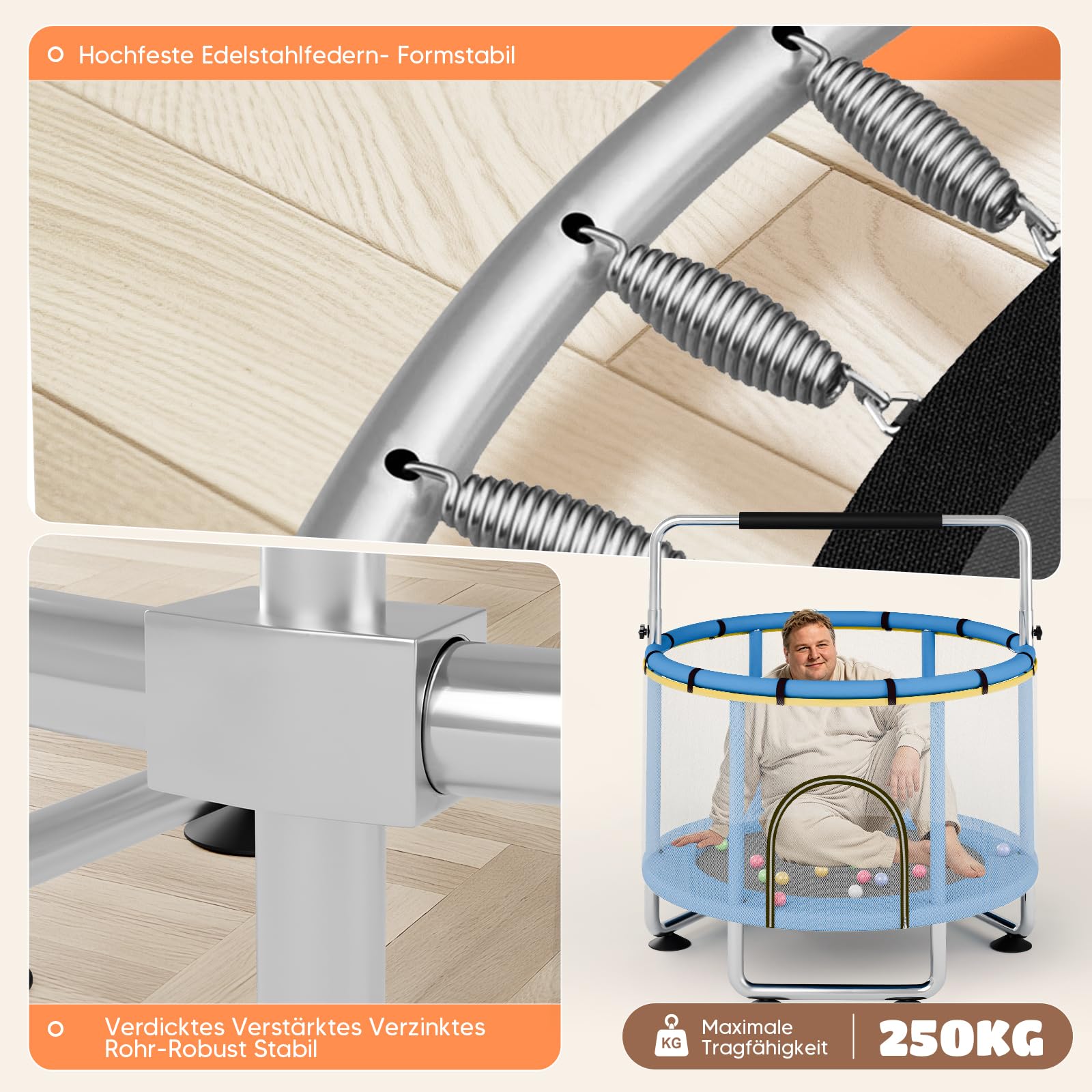 Trampolino per Bambini, Trampolino per Bambini da 150cm per Interni/Esterni, Barra da Ginnastica Regolabile, Capacità 250KG, Rete Protezione/Canestro da Basket/Amaca/Sacco Boxe