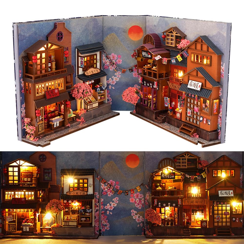 Book Nook Casa Delle Bambole in Legno, Miniatura Fai Da Te, Modello di Casa Puzzle con Luci LED, Casa, Decorazione Scaffale, Regalo Di Vacanza für Erwachsene und Kinder (Casa Di Fiore Di