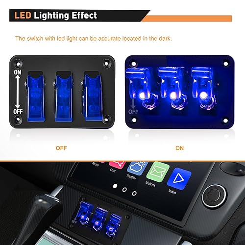 Miniatura 3 de GOOACC Interruptor de palanca de 3 cuadras, panel de interruptor basculante de 12 V con luz LED y cubierta abatible, placa de interruptor de