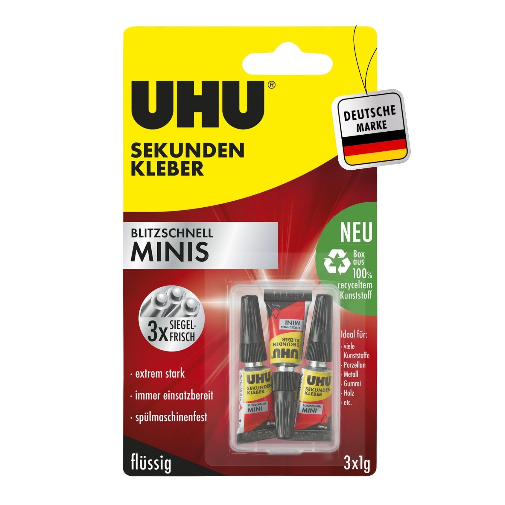 UHU Sekundenkleber extra stark | 3x1g Kleber Tuben mit Aufbewahrungsbox | Sekundenkleber flüssig für Kunststoff, Metall, Holz, Keramik, Porzellankleber | Superkleber & Kunststoffkleber